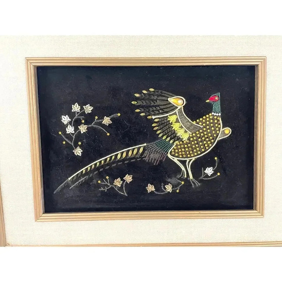 VTG Pheasant Bird Black Velvet Felt Beaded Rhinestones Art Wooden Frame MCM - Picture 7 of 16